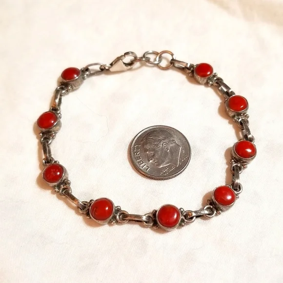 Native American Natural Red Coral Sterling Link Vintage Bracelet - Picture 2 of 8